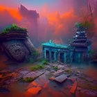 Ethereal landscape with ancient ruins, lush vegetation, mist, vibrant sunset sky, towering mountains.