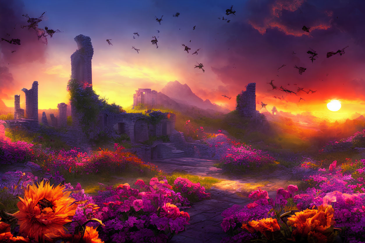 Vibrant sunset over mystical landscape with ancient ruins and birds