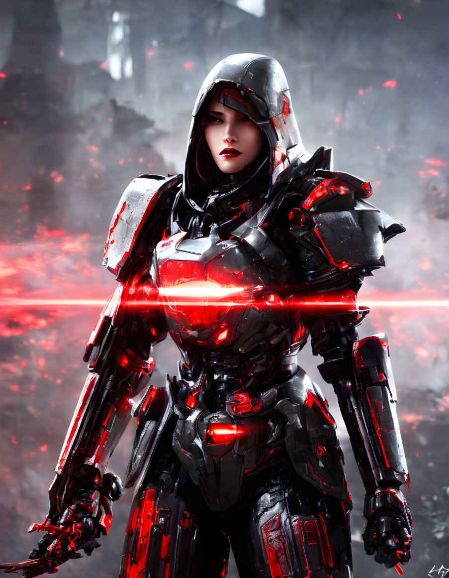 Female warrior in futuristic red and black armor on smoky battlefield