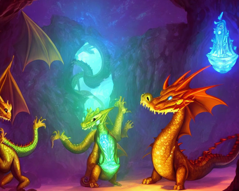 Vibrant Dragons and Blue Artifact in Mystical Cave