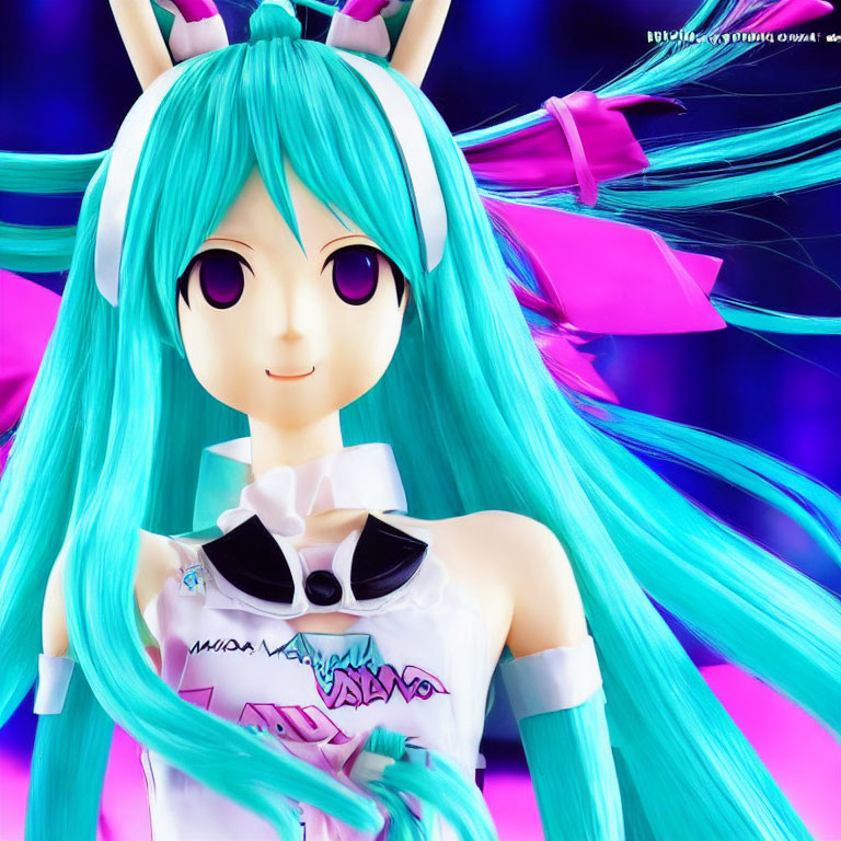 Colorful Figure with Aqua Hair, Purple Eyes, Japanese Text Top, Sunglasses