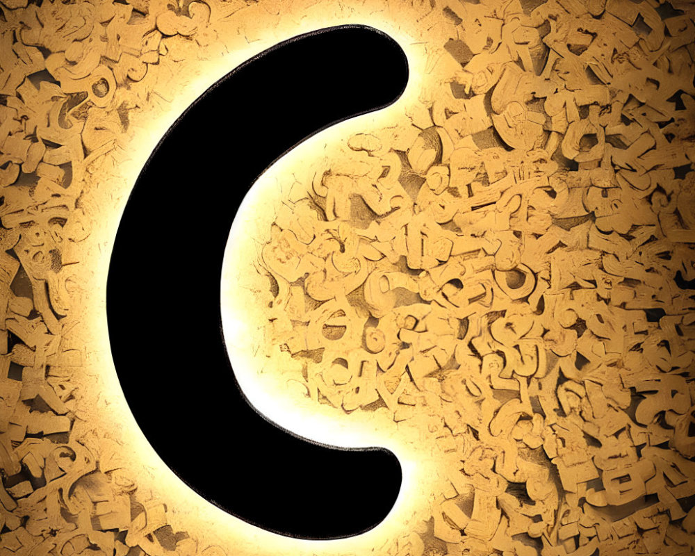 Glowing Black Crescent Moon with Gold Arabic Calligraphy on Textured Background