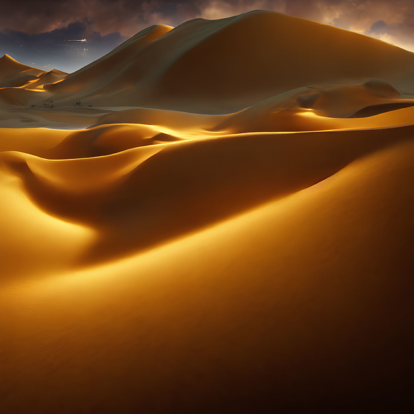 Vast desert beauty: golden sand dunes under dramatic sky