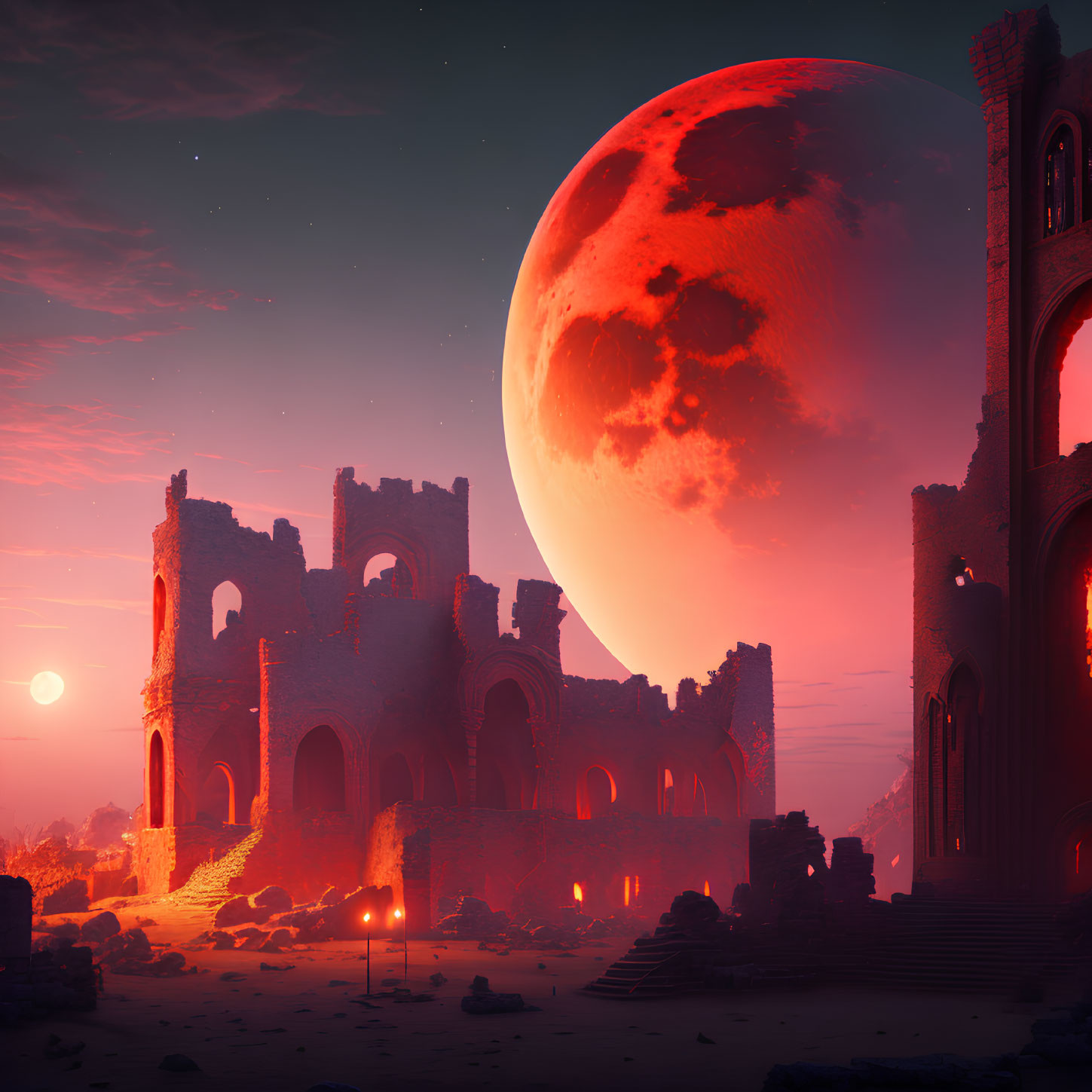 Ancient structure ruins under red moon with torches in twilight
