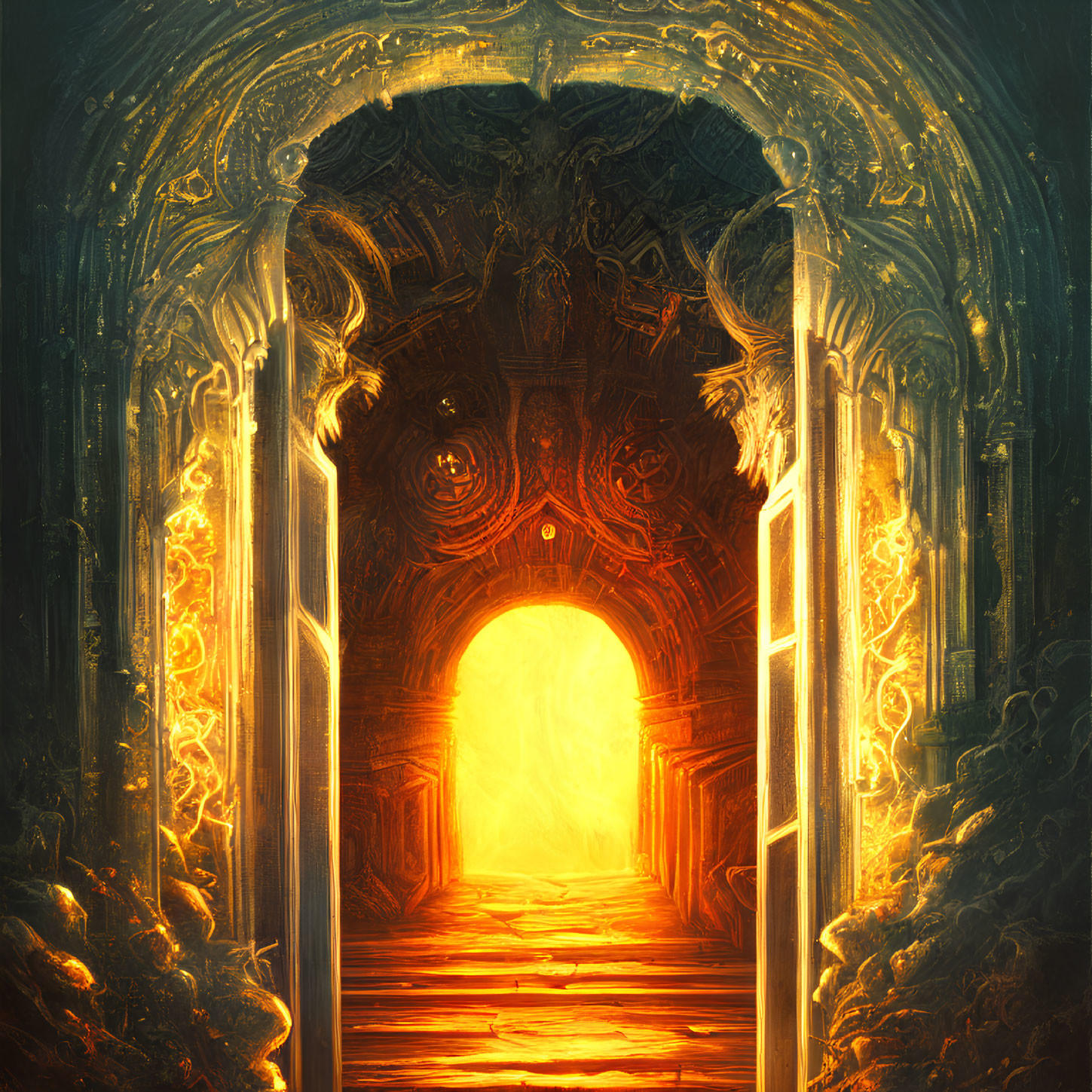 Intricate Golden Fantasy Doorway with Mysterious Carvings