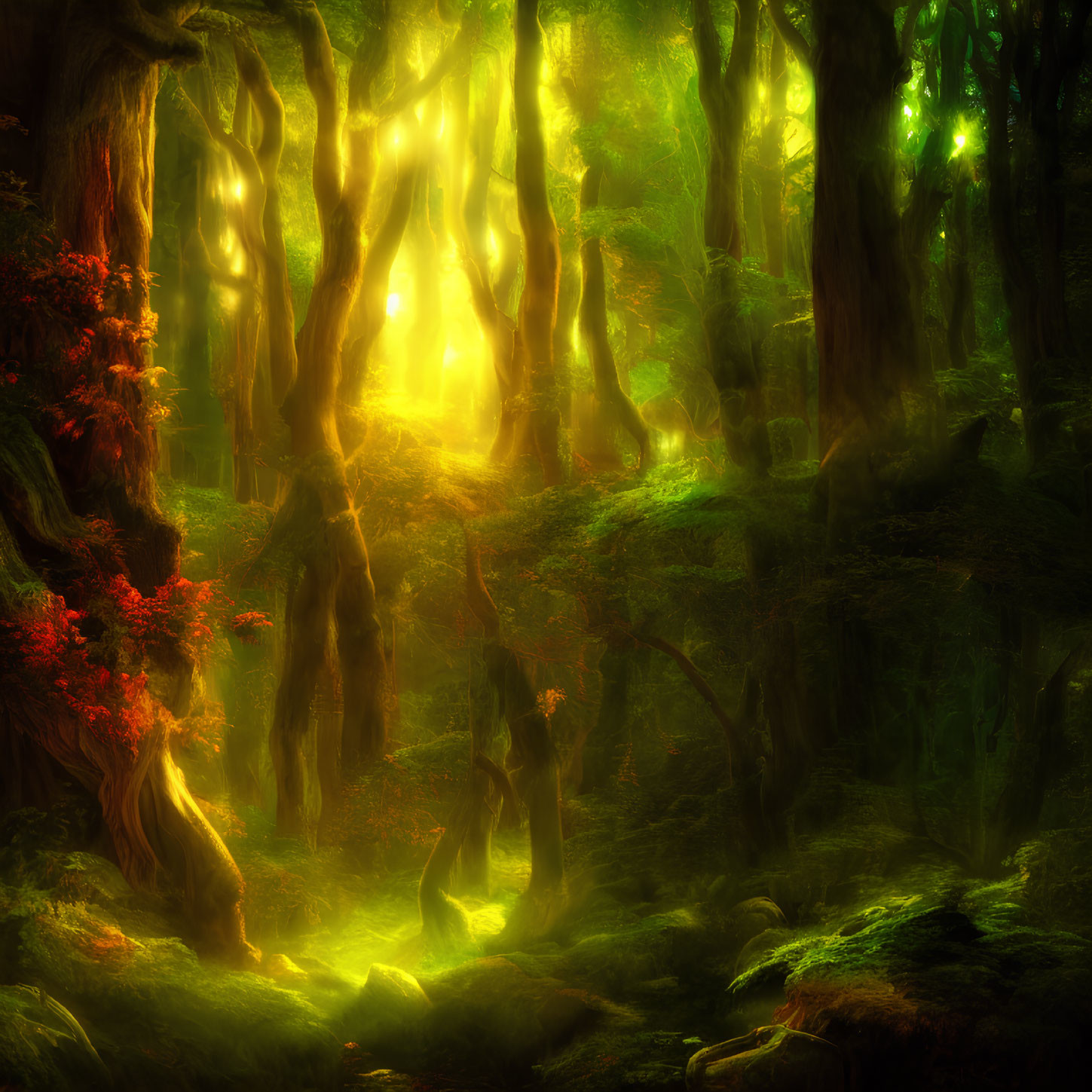 Enchanting forest with glowing lights and misty ambiance