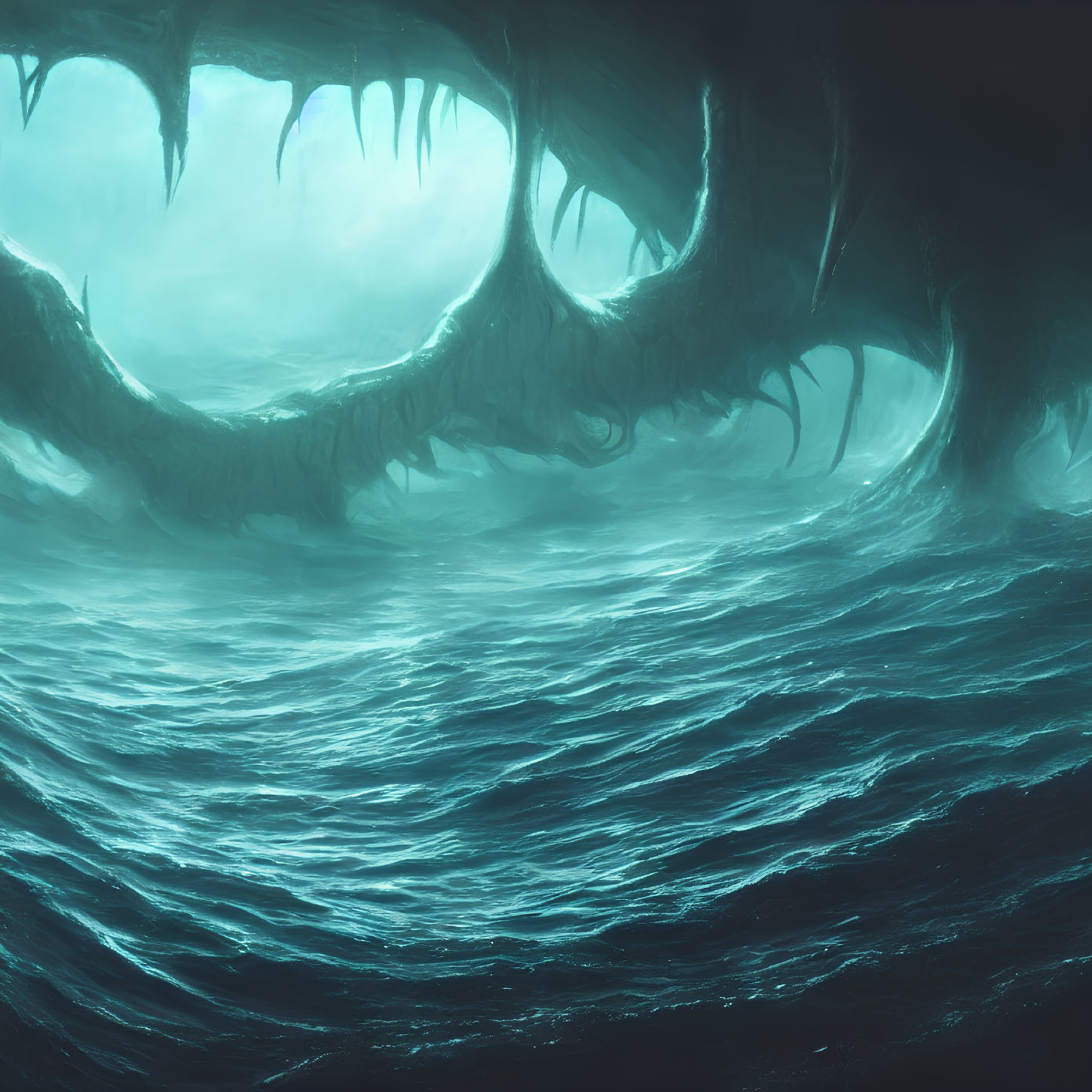 Eerie Underwater Scene with Tooth-Like Structures in Blue-Green Ambiance