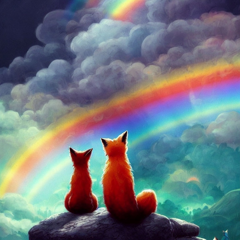 Foxes sitting on rock under vibrant rainbow in dramatic sky