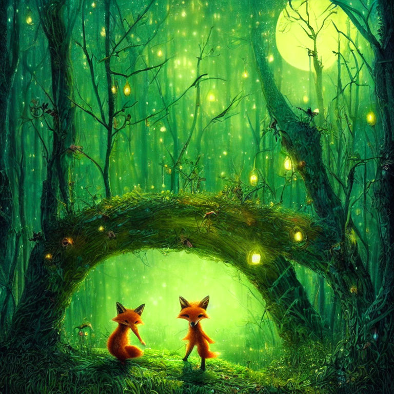 Enchanted forest scene with two foxes under natural archway
