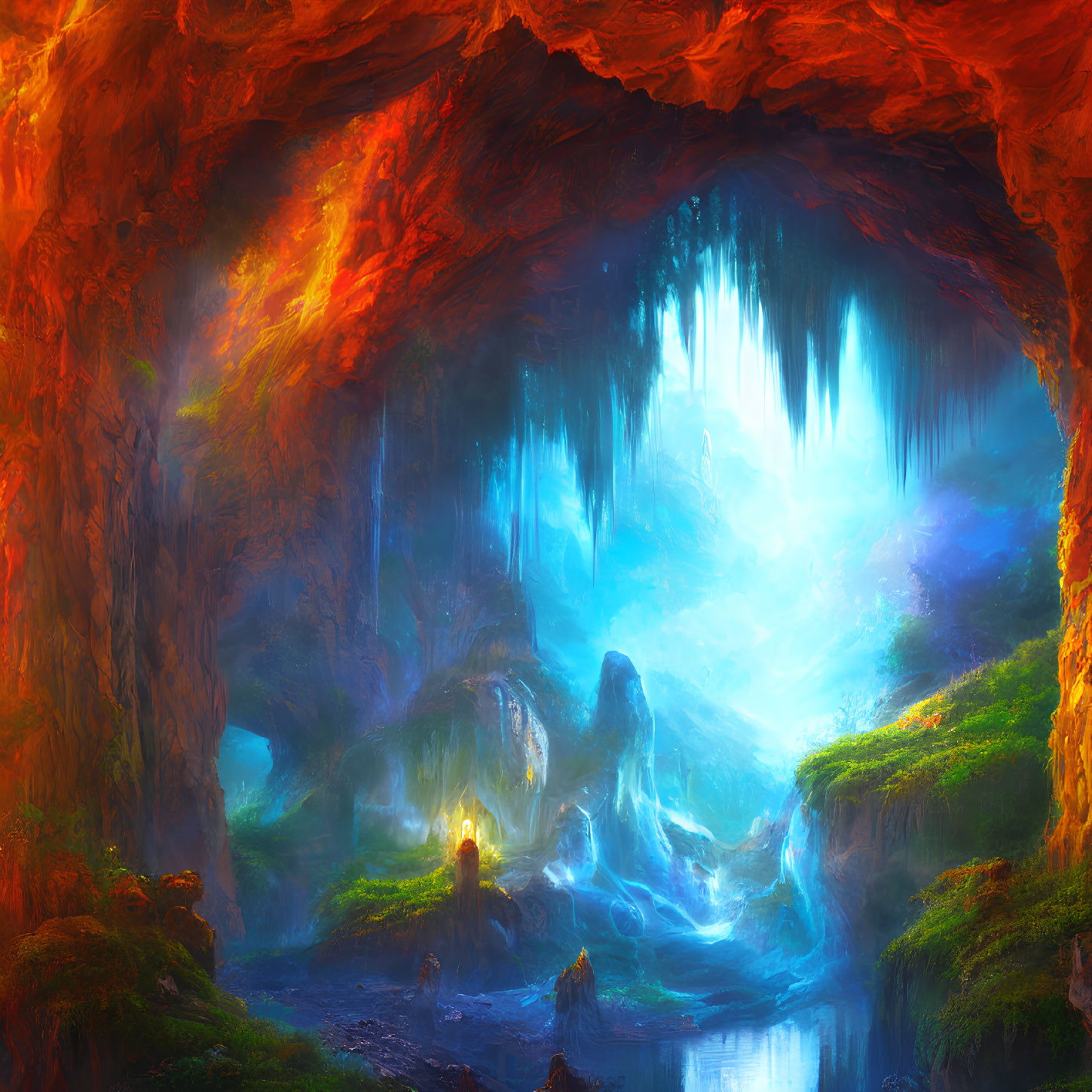 Mystical Cave with Glowing Blue Pond and Fiery Orange Walls
