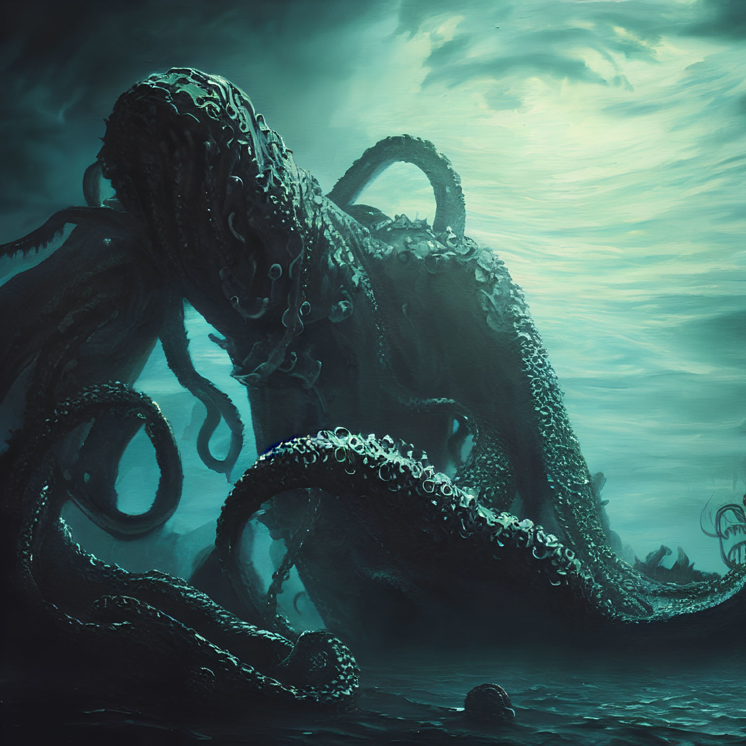 Gigantic dark octopus emerges in stormy ocean scene