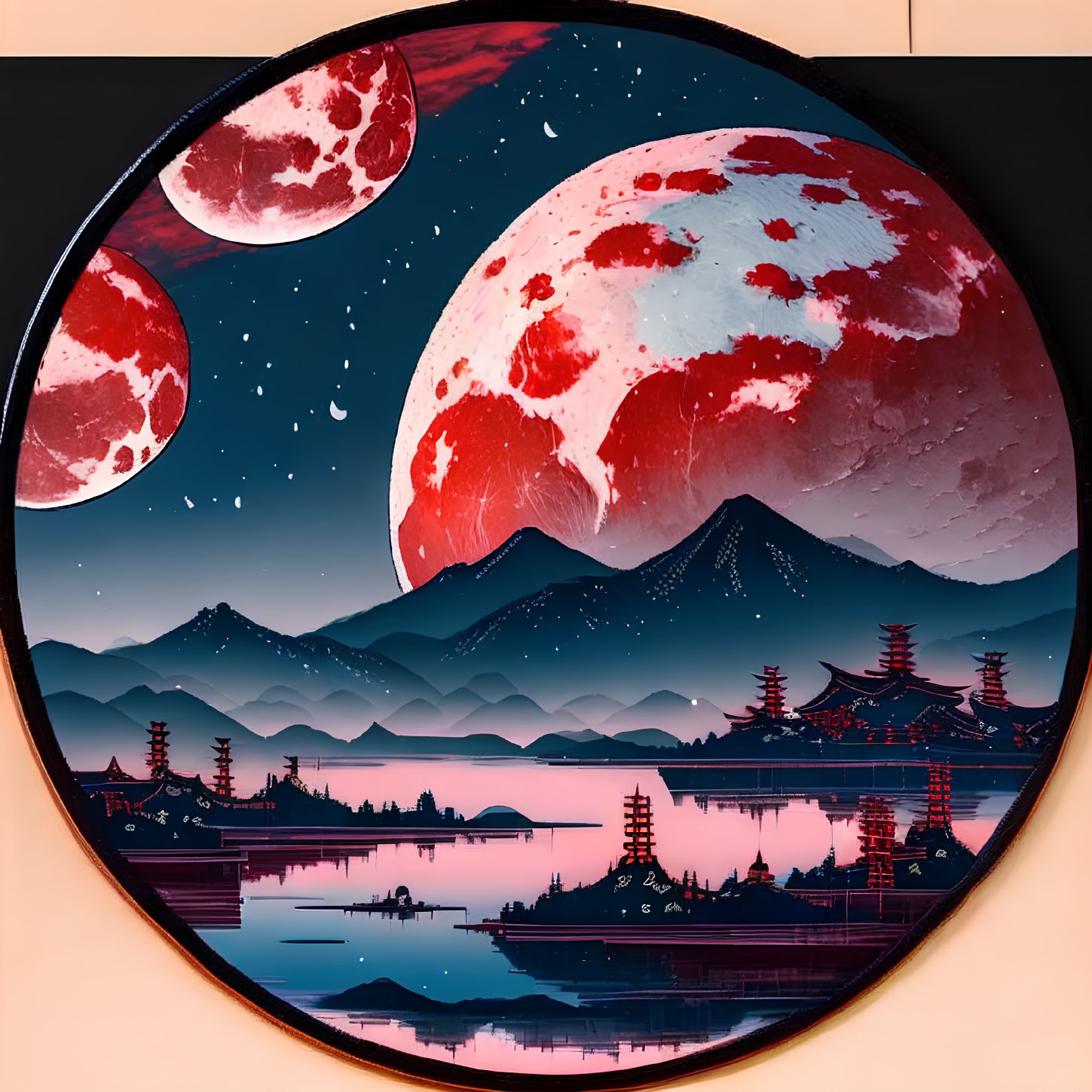 Vibrant red and purple landscape with moons, mountains, pagodas, and water under star