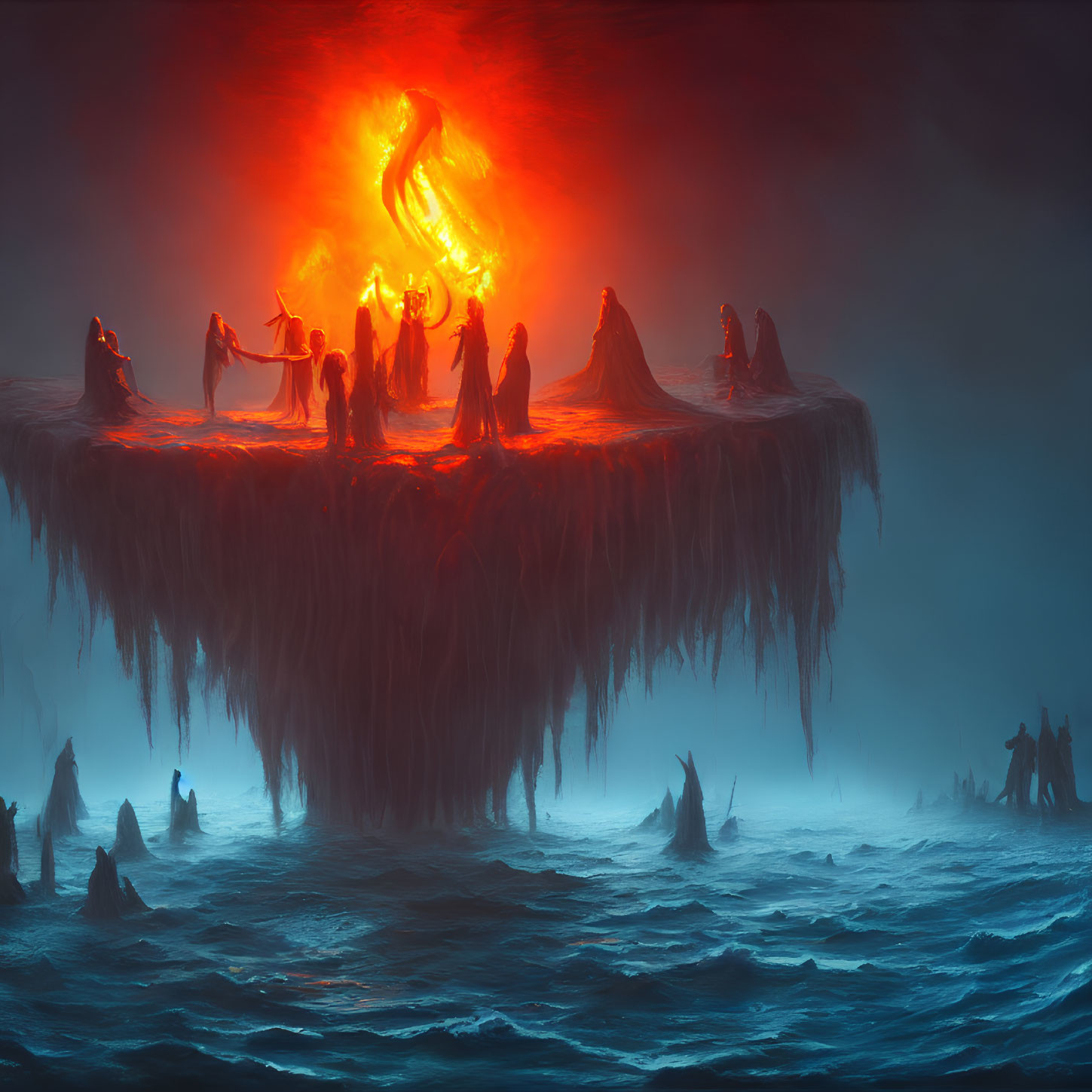 Fantastical floating island with glowing red portal and cloaked figures above sea with silhouetted