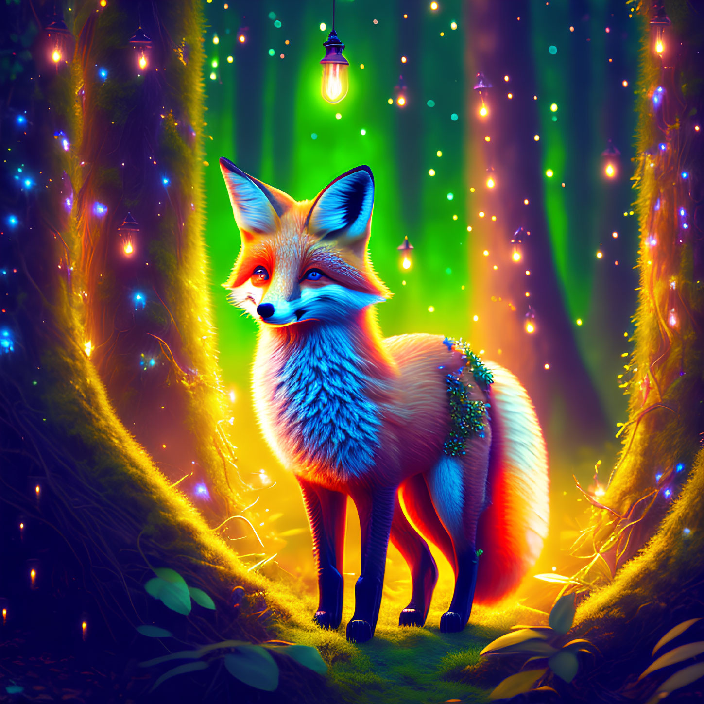 Colorful Fox in Enchanted Forest with Glowing Lanterns
