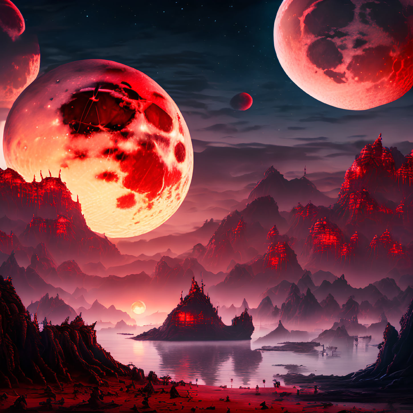 Surreal landscape: Spiky mountains, red sky, three moons, calm waters