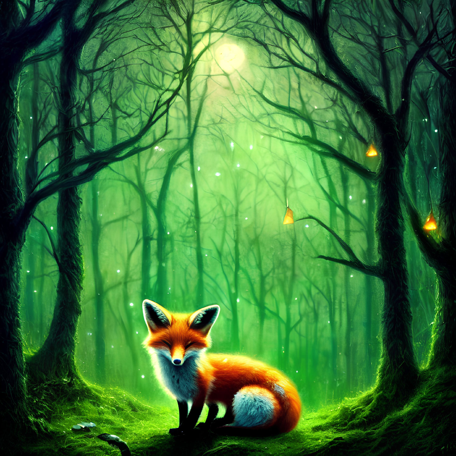 Enchanted forest scene with fox, lanterns, and mystical ambiance