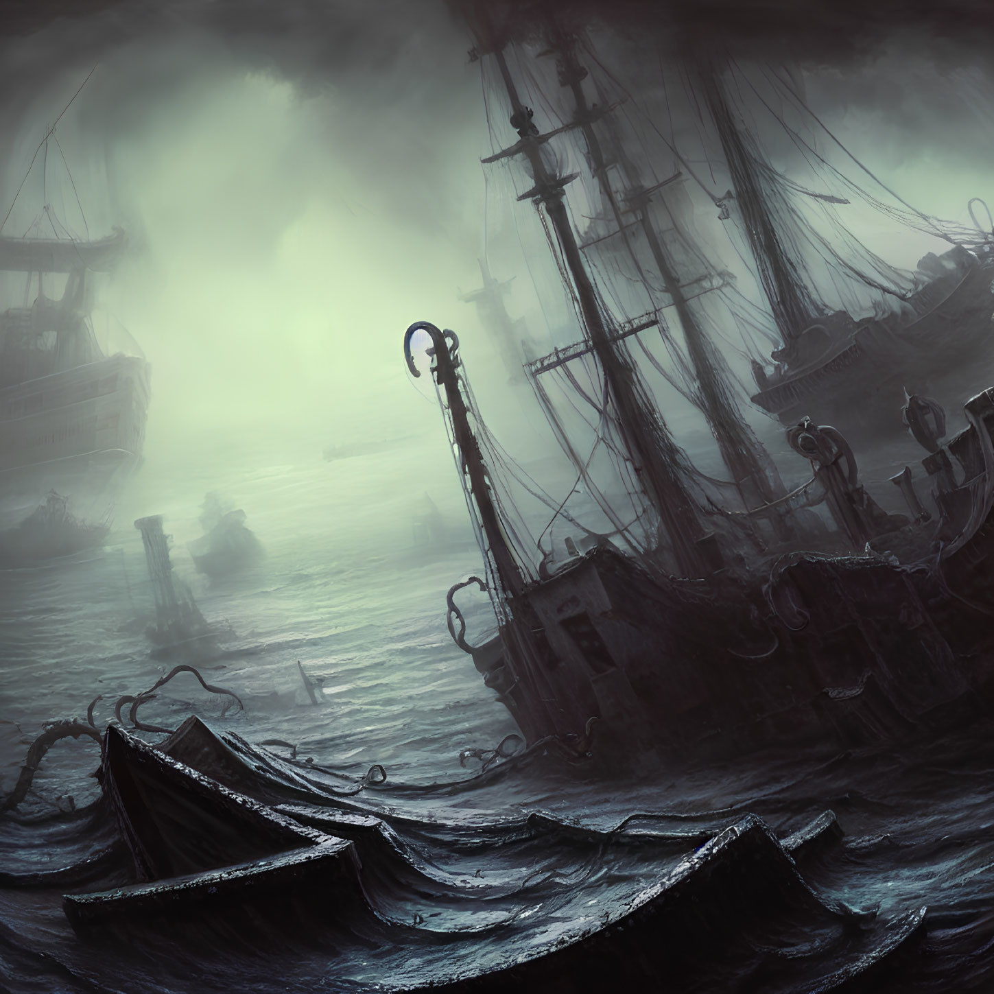 Silhouetted ships in mist on dark, choppy seascape