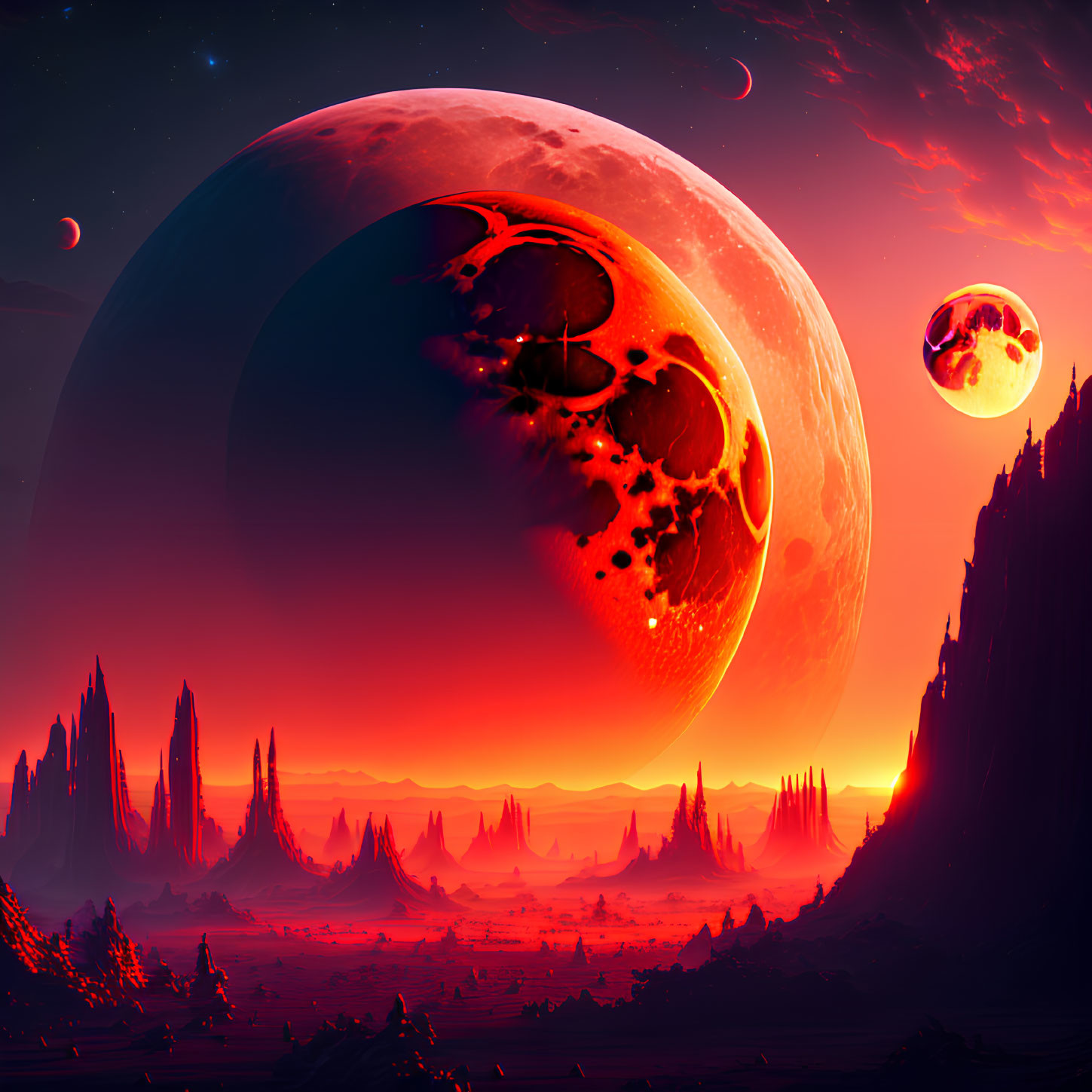 Sci-fi landscape with towering rock formations under a red sky