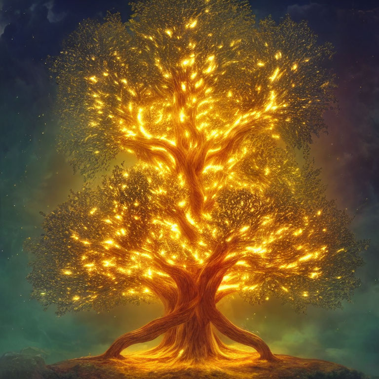 Glowing tree with golden light against night sky