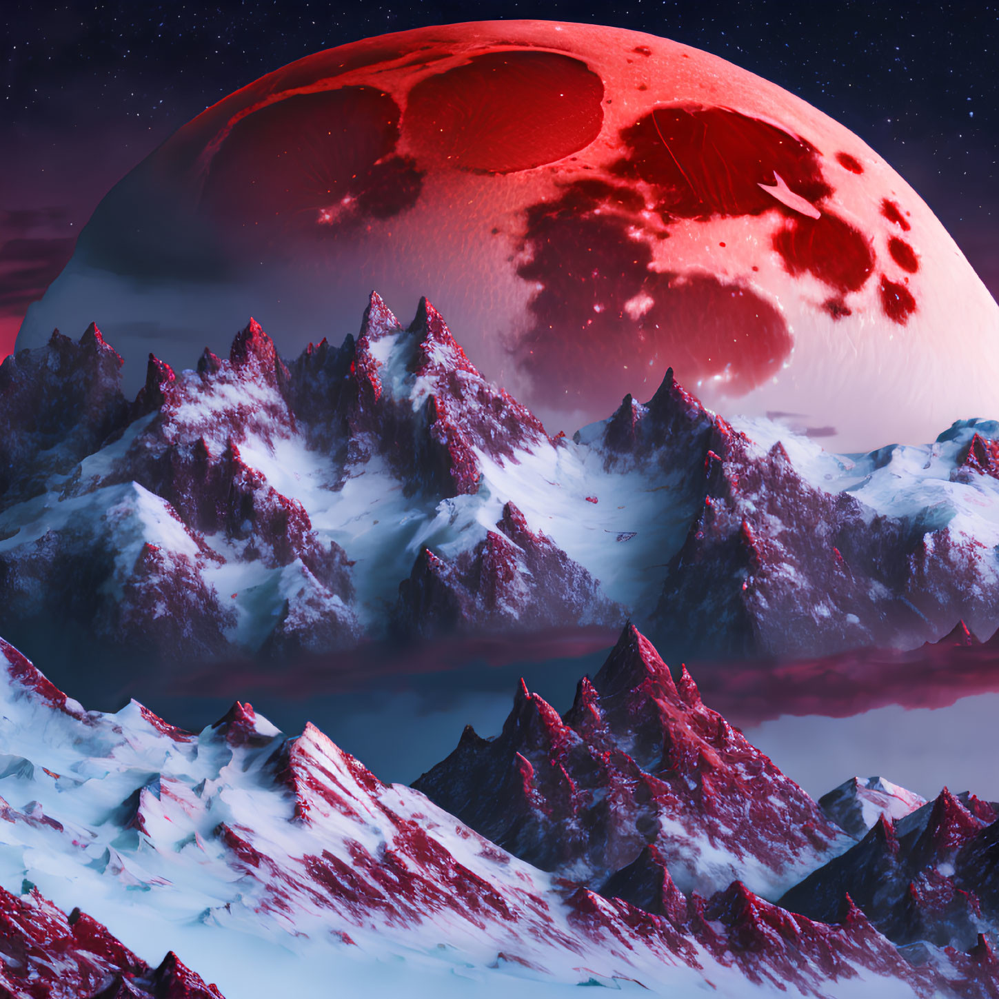 Surreal snowy mountains under red moon in night sky