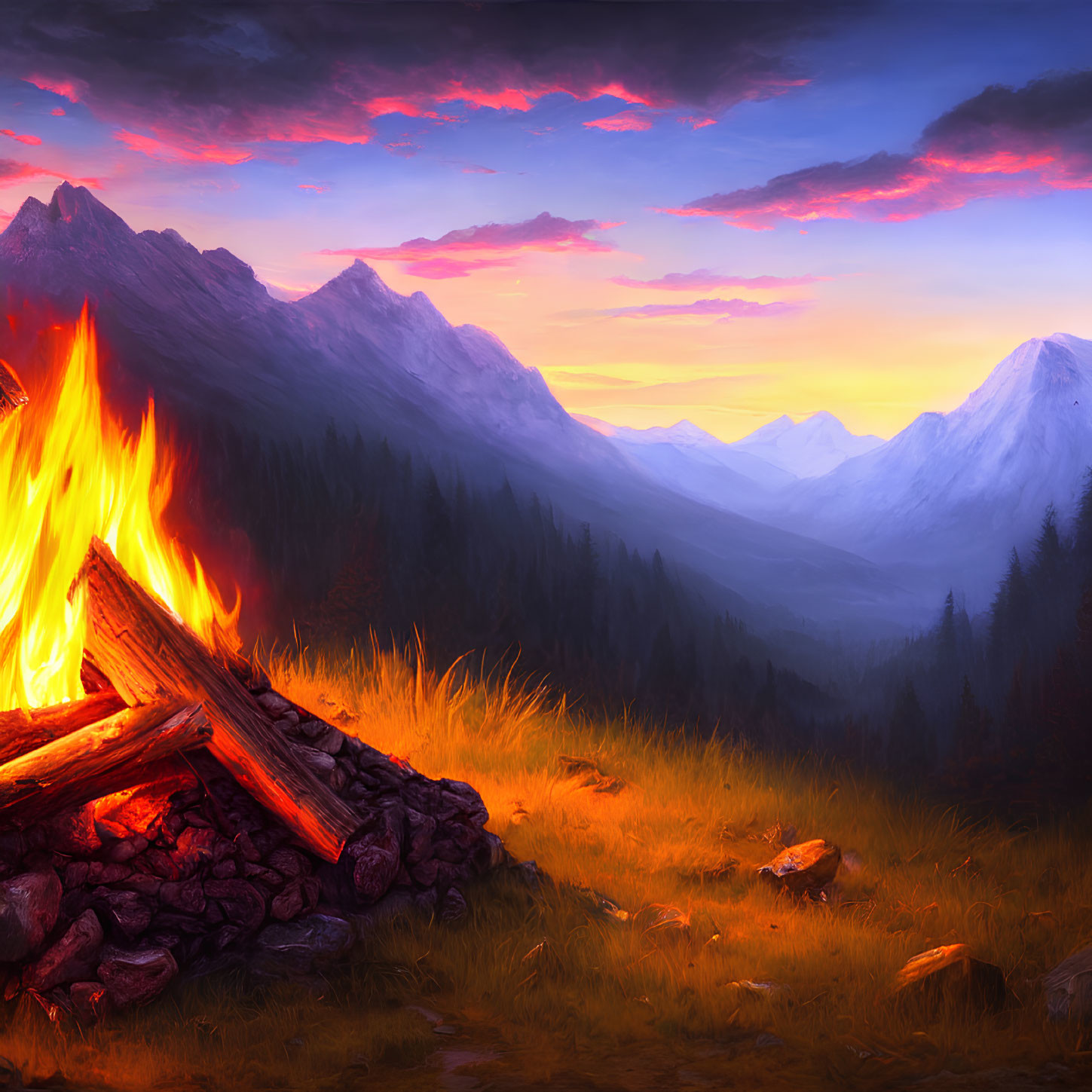 Colorful Campfire Scene with Dancing Flames and Majestic Mountains at Dusk