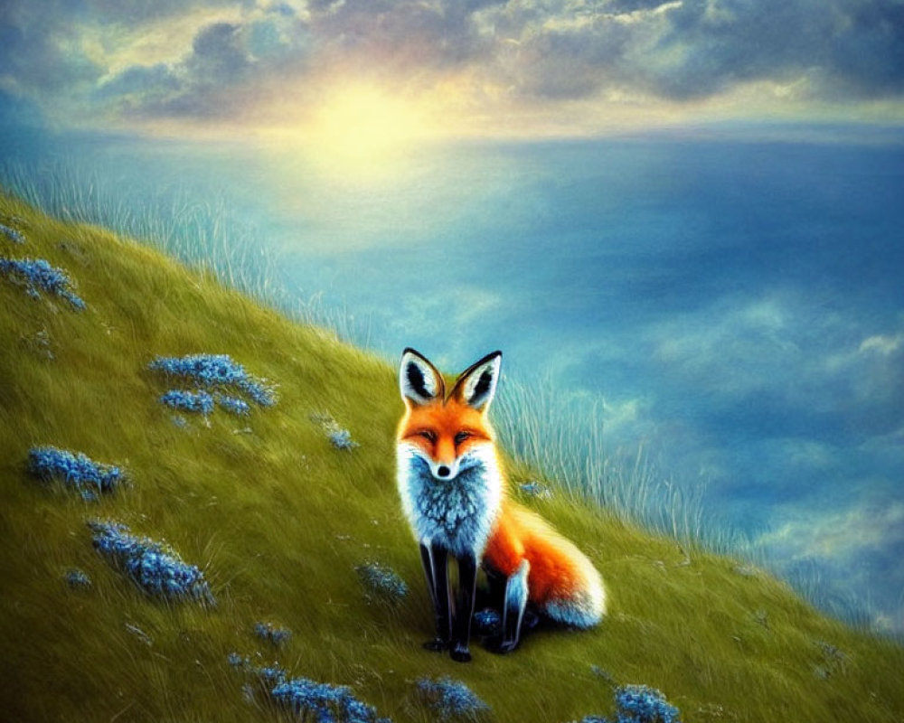 Colorful fox on grassy hill at sunset by the sea