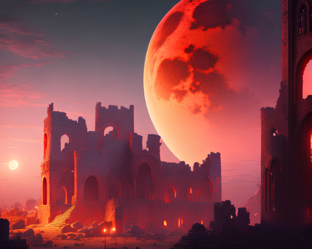 Ancient structure ruins under red moon with torches in twilight