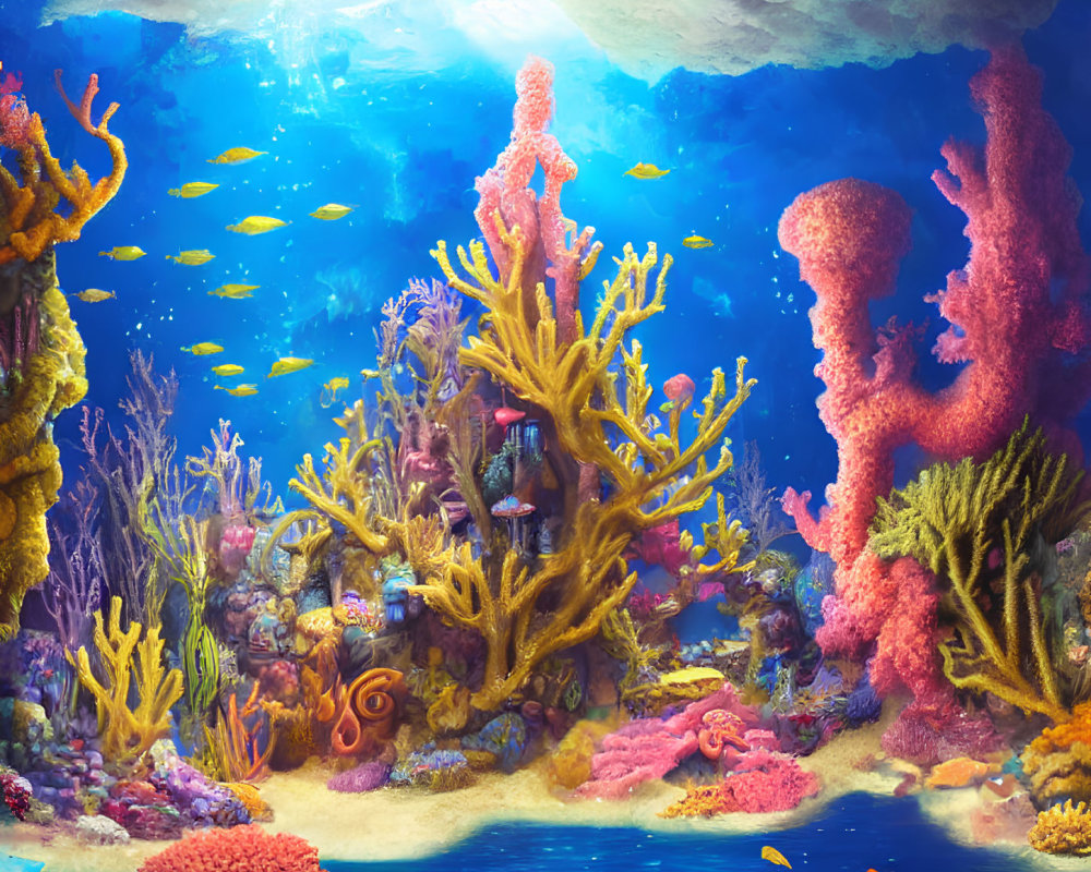 Colorful Coral Formations and Fish in Vibrant Underwater Scene