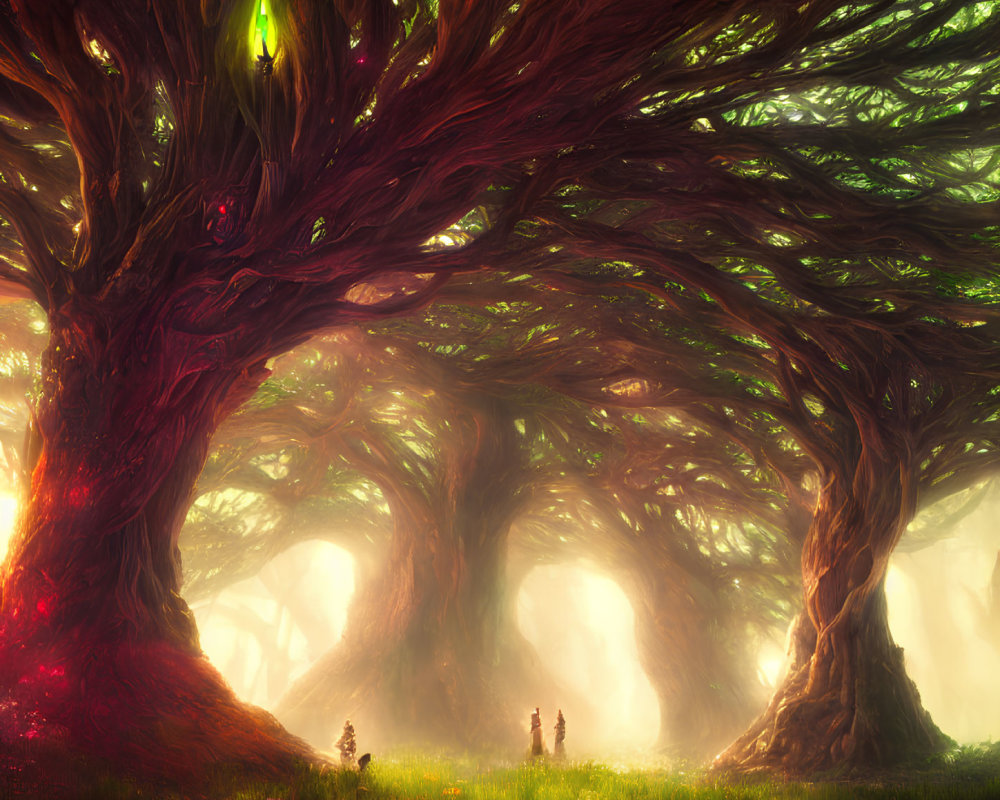 Mystical forest with ancient trees and small figures in magical ambiance