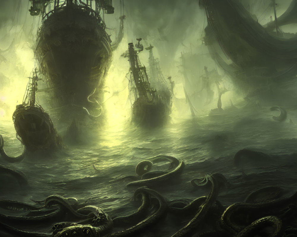 Ghost ships and sea monster tentacles in misty green glow