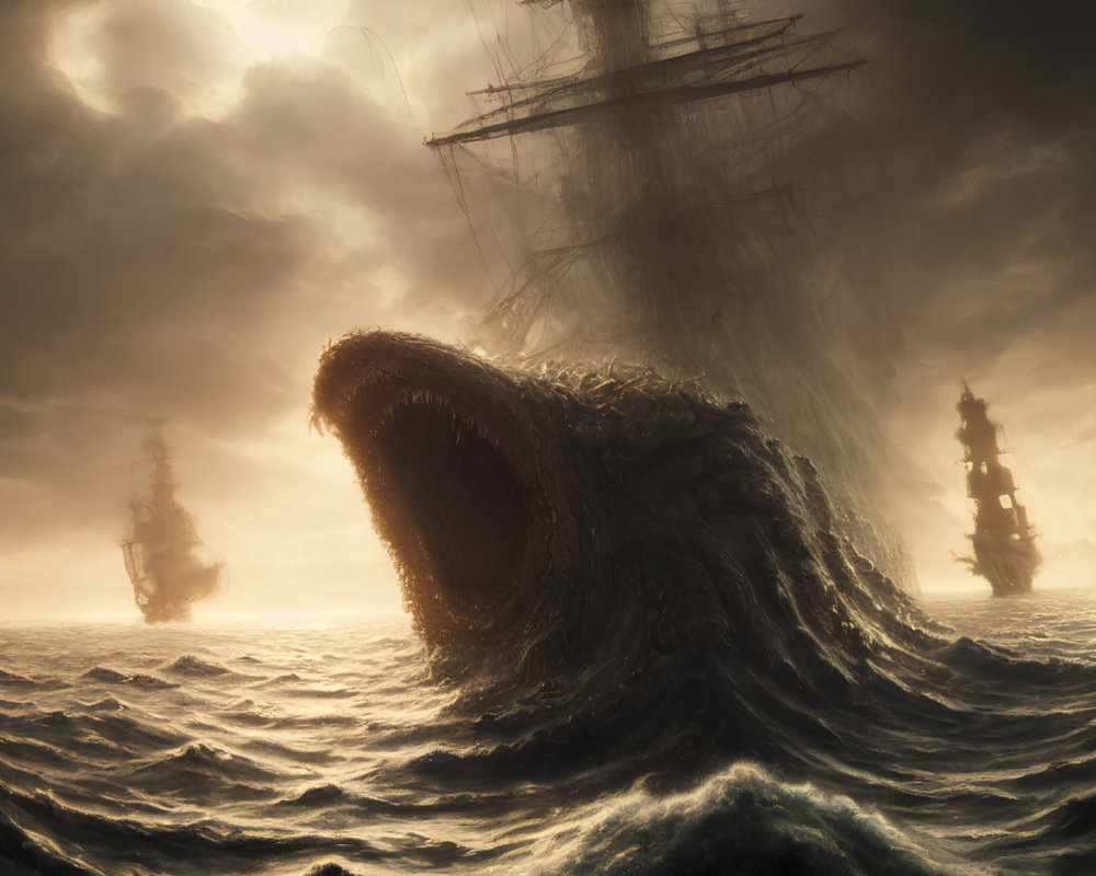 Gigantic sea monster near ships in stormy ocean
