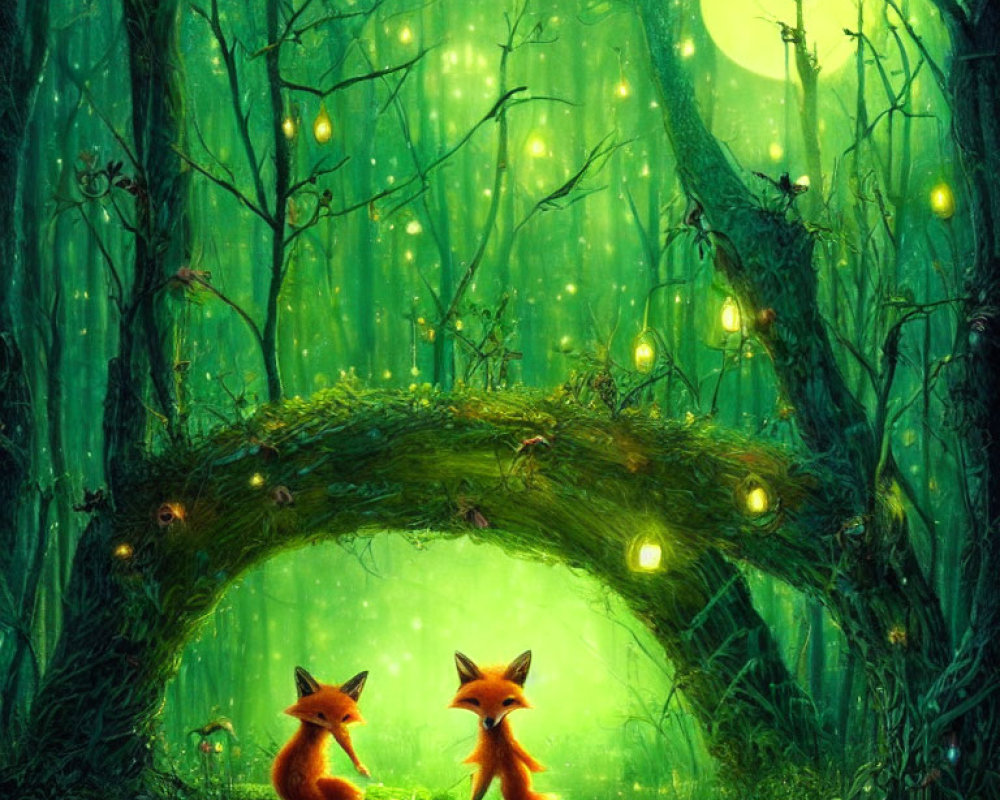 Enchanted forest scene with two foxes under natural archway
