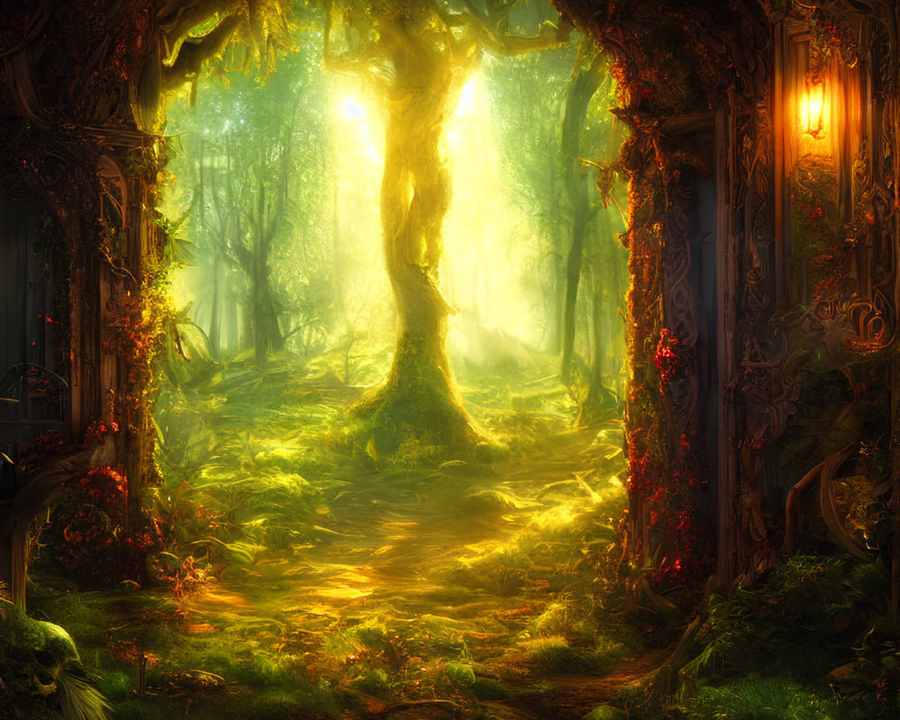 Enchanting forest glade with mystical golden light and ornate door
