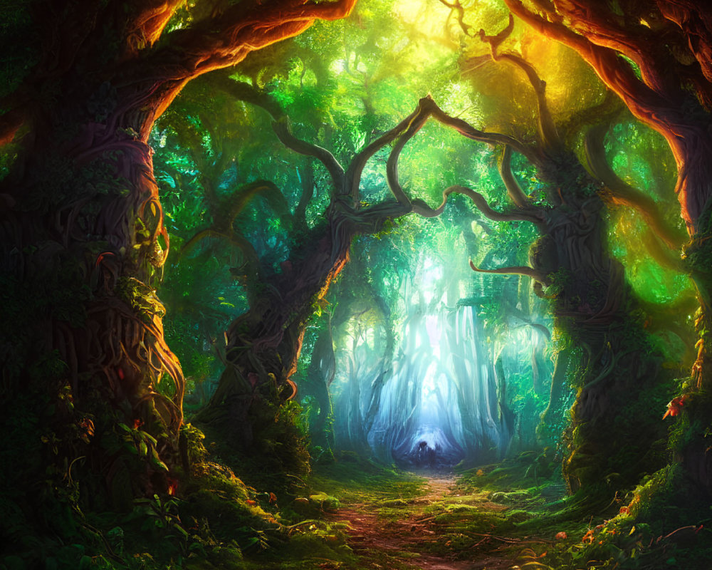 Mystical forest scene with lush greenery and twisted tree archway