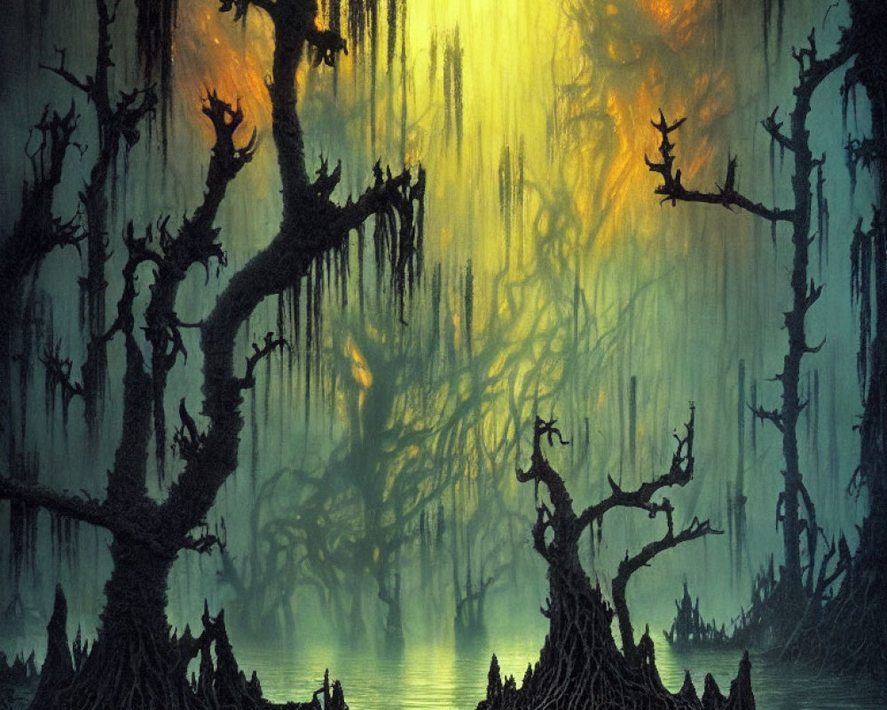 Mystical forest with gnarled trees and hanging moss in glowing yellow light