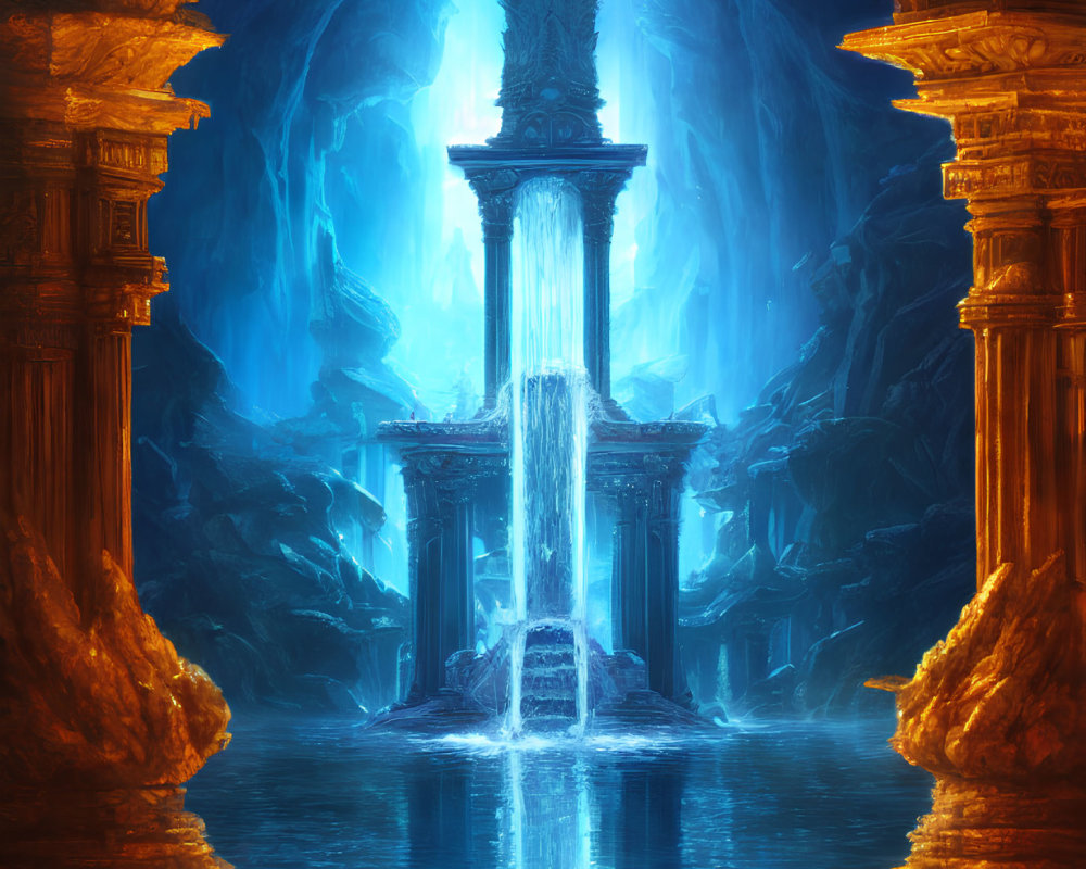 Ethereal underground cavern with blue glow, ancient pillars, and central waterfall