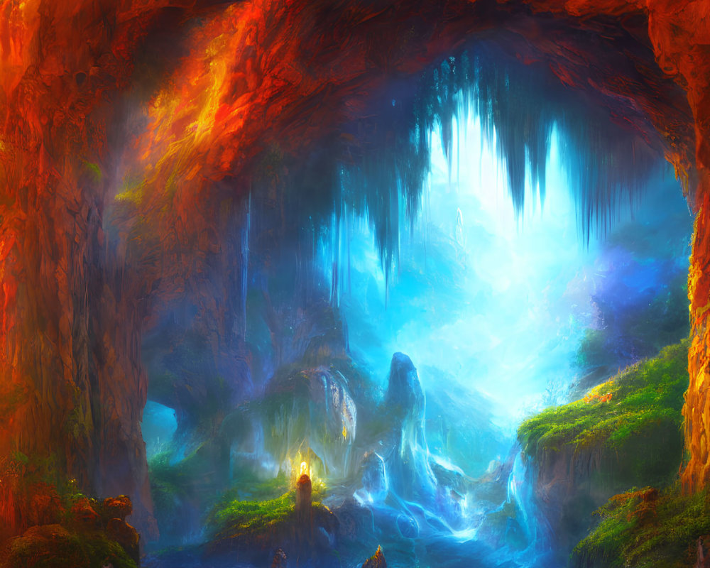 Mystical Cave with Glowing Blue Pond and Fiery Orange Walls