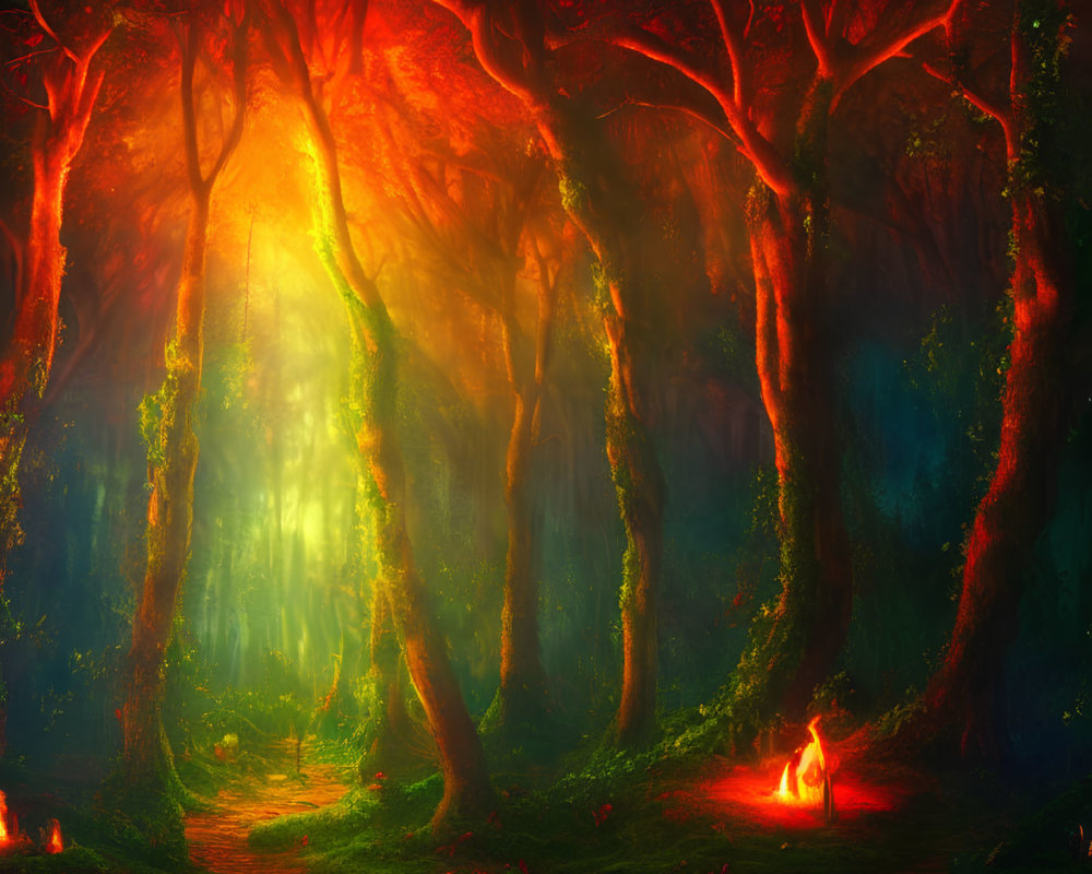 Mystical forest scene with towering trees and ambient glow