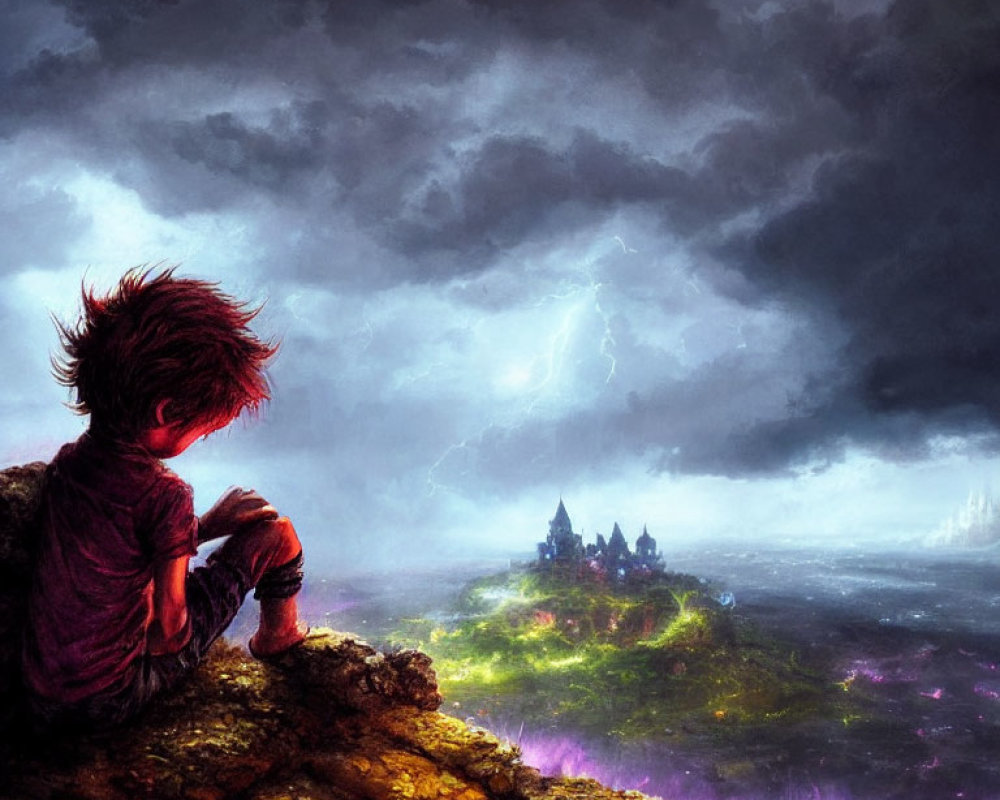 Child admires glowing forest and castle under stormy sky.