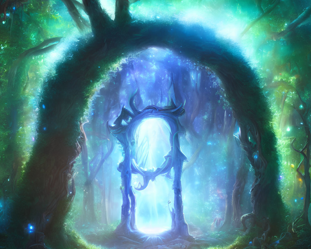 Enchanted forest glade with magical portal and starlit sky