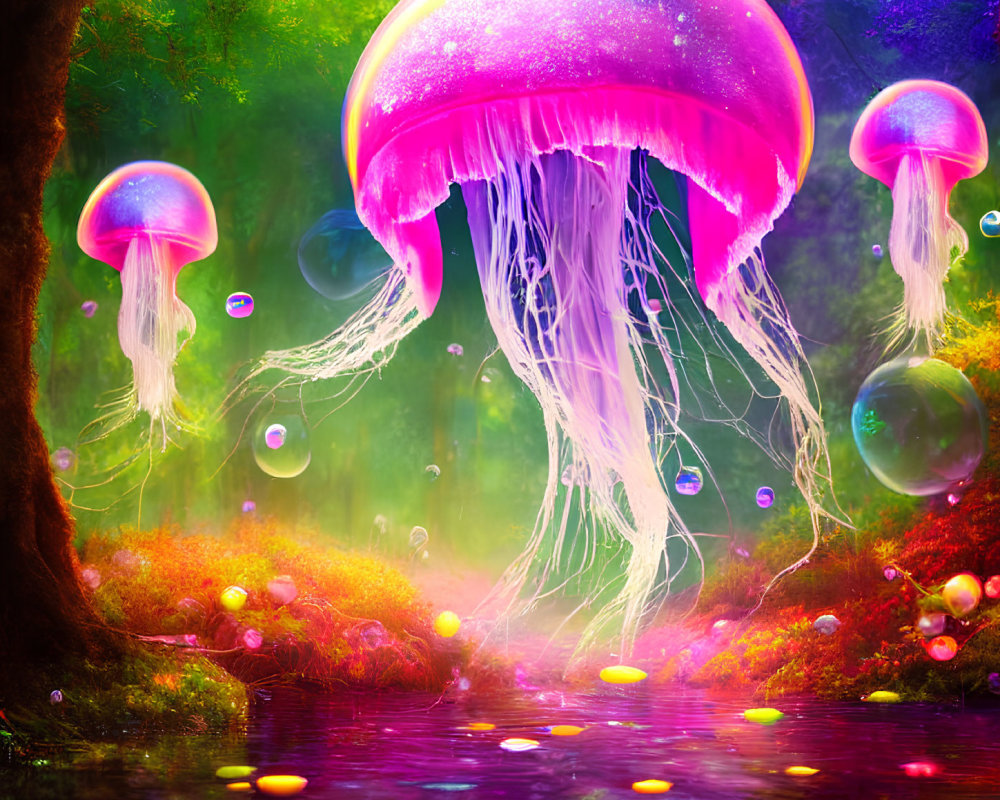Colorful Forest River: Glowing Jellyfish and Bubble-filled Scene