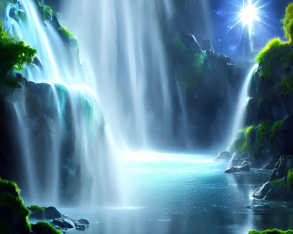 Vibrant waterfall cascading among greenery and rocks under starburst sky