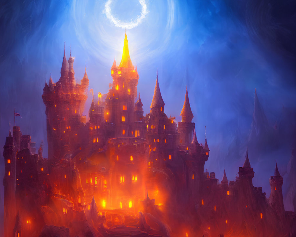 Glowing castle under swirling night sky with golden light.