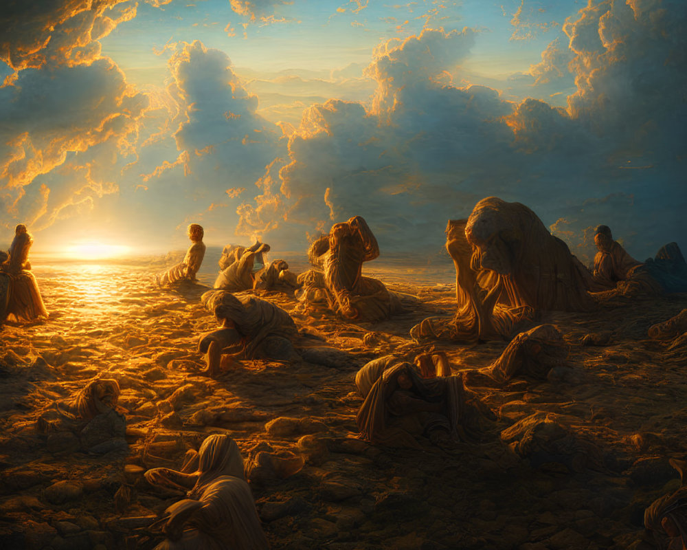 Surreal artwork: Robed figures become sand dunes under dramatic sky