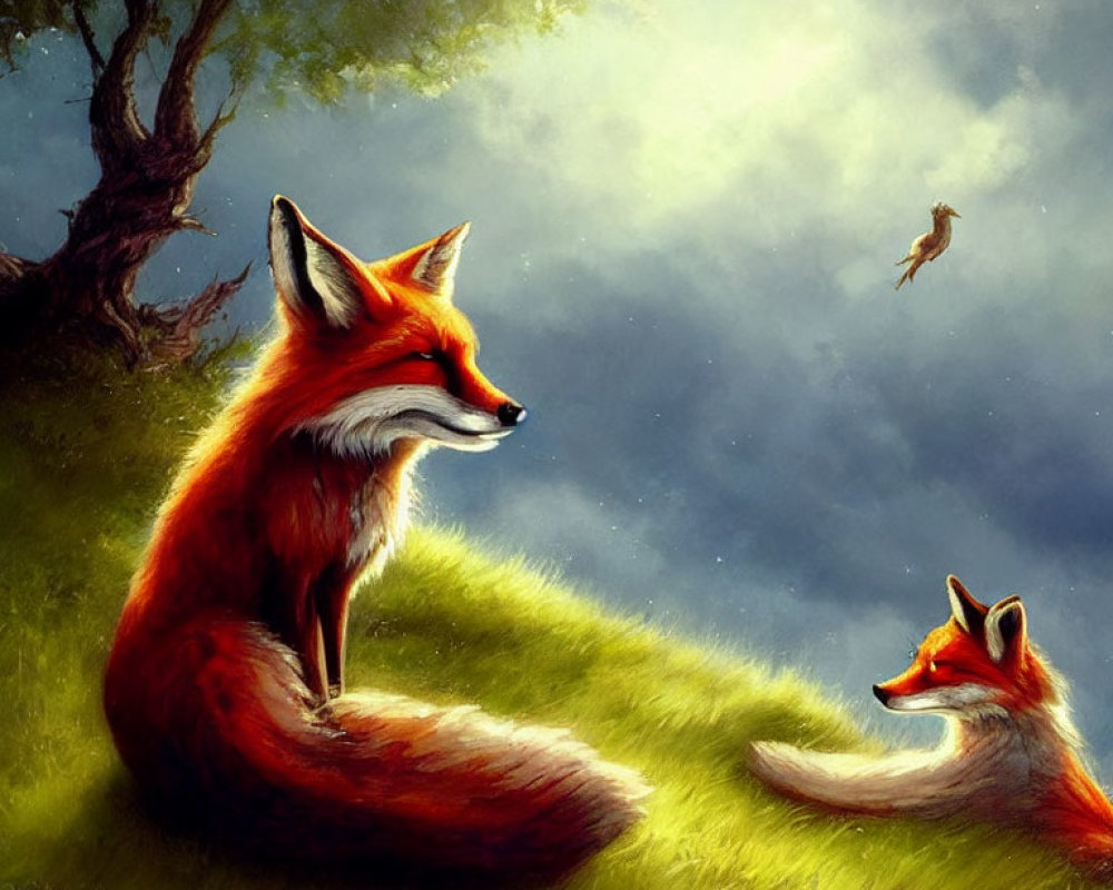 Foxes on grass with tree and bird in luminous sky