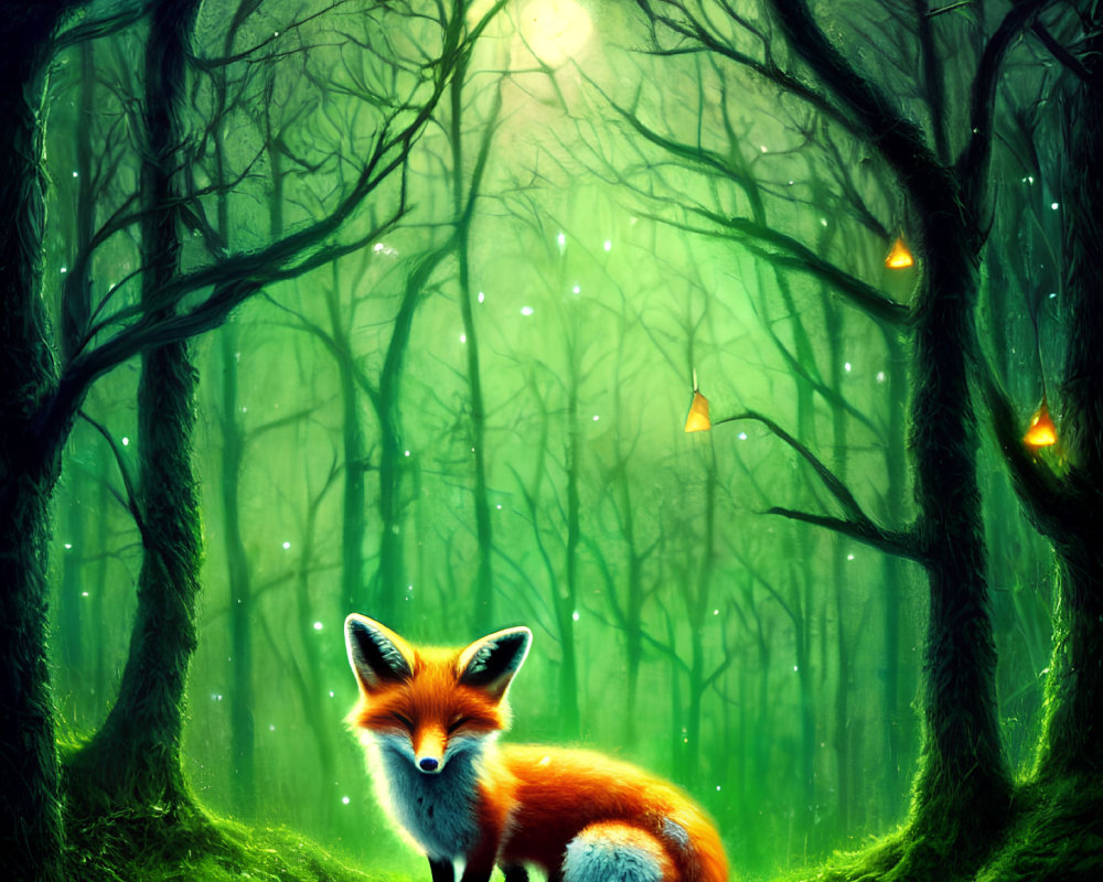 Enchanted forest scene with fox, lanterns, and mystical ambiance