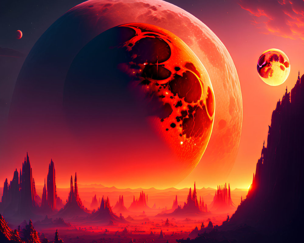 Sci-fi landscape with towering rock formations under a red sky