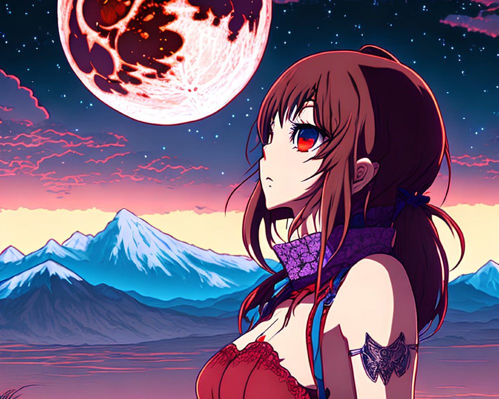Pensive anime girl with red eyes against moonlit backdrop