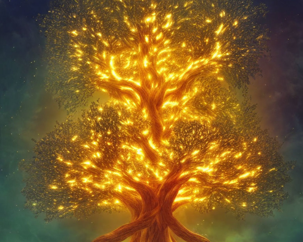 Glowing tree with golden light against night sky