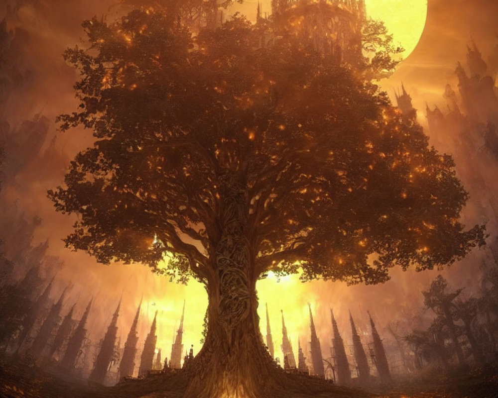 Majestic tree supporting castle under large moon in golden-lit fantasy landscape